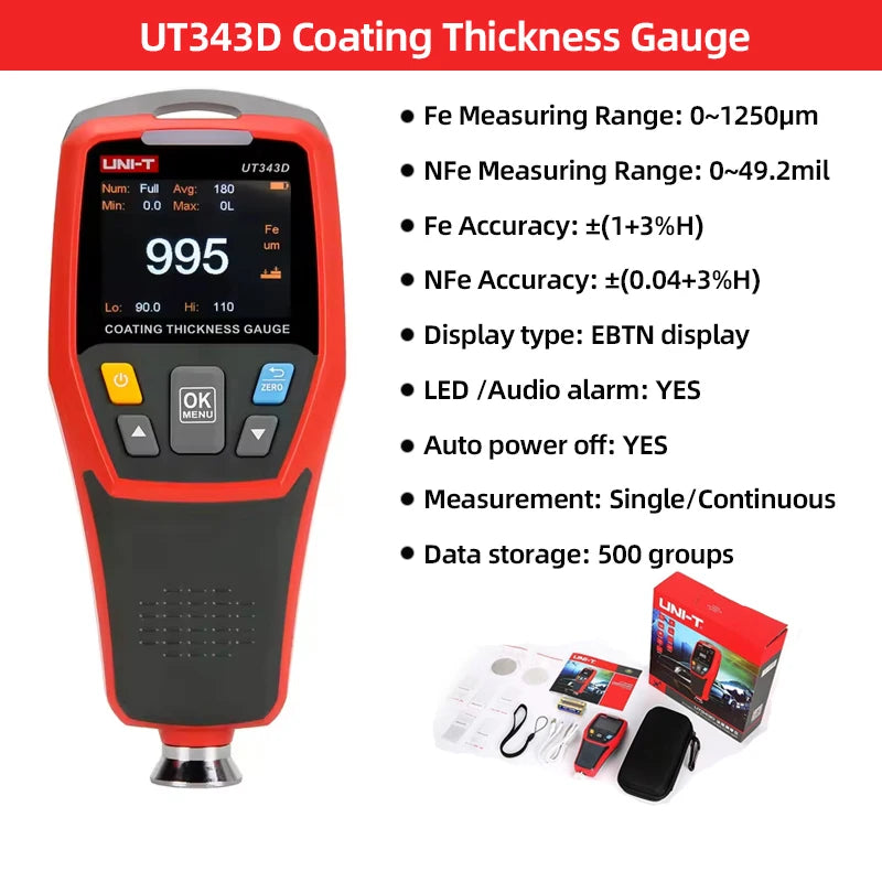 UNI-T Coating Thickness Gauge UT343E 0-2000µm Car Film Paint Thickness Tester TFT Screen Display With Bluetooth  UT343A UT343D
