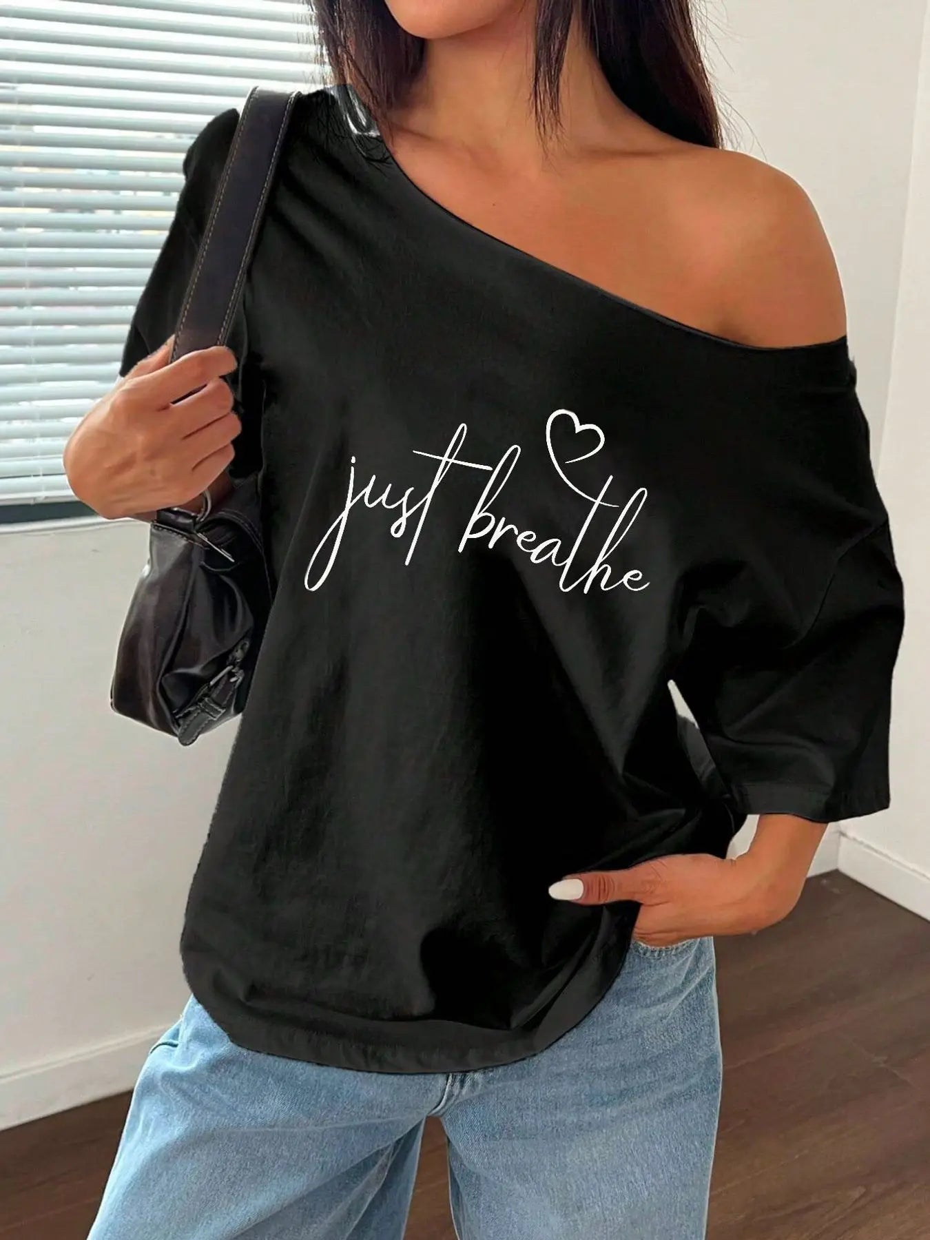 100% Cotton Plus Size Just Breathe Heart Letter Print Shoulder Loose Print T-Shirt Oversized Y2K Style Graphic Tees Women Top