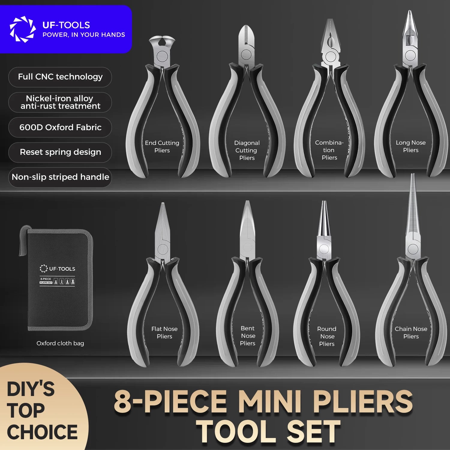 Pliers Tool Set Mini Pliers Repair Tool Bag Long Nose Flat Nose Bent Nose Combination Pliers Universal Remover Tool 8-Piece Set