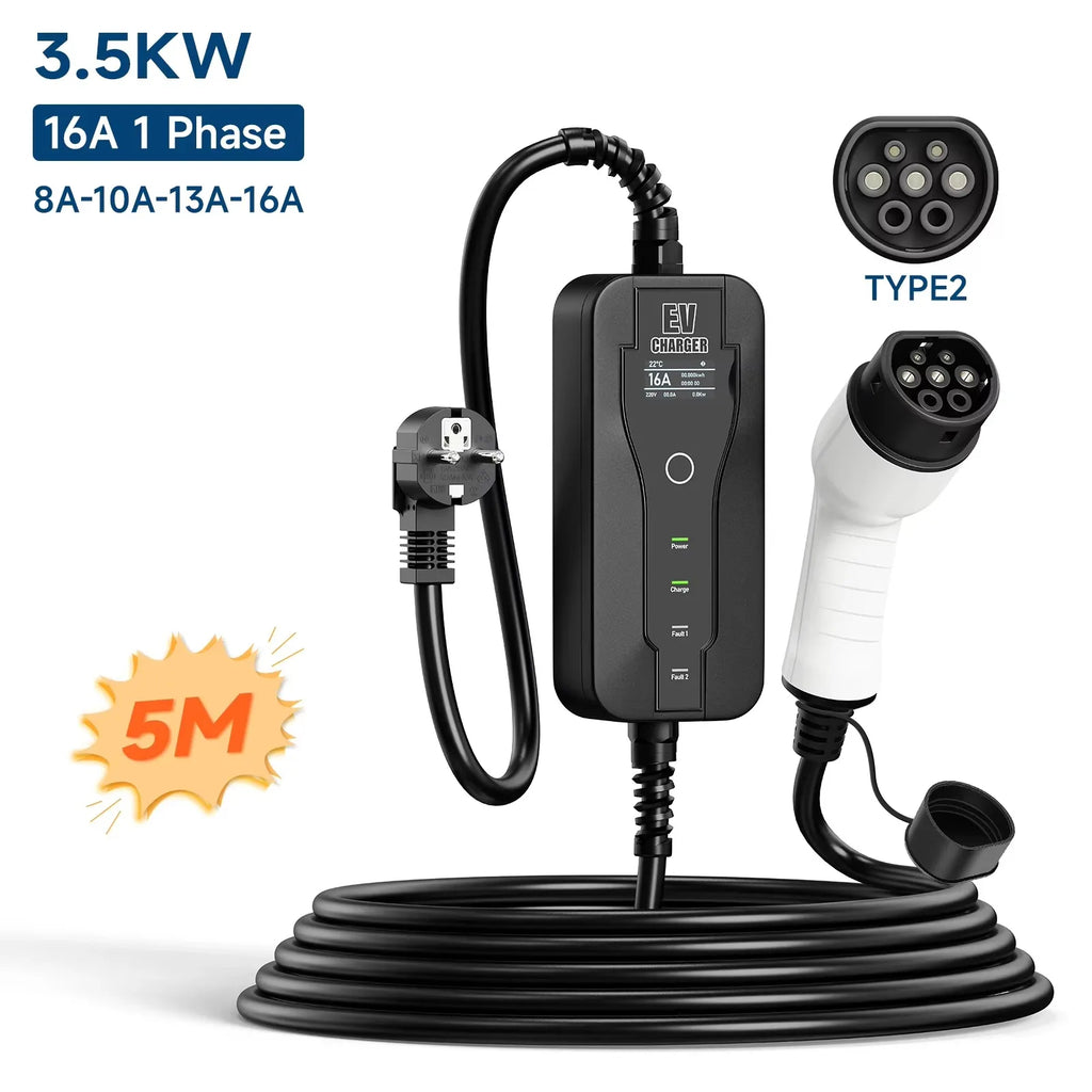 16A 3.5KW Portable EV Charger Type2 IEC62196-2 EVSE Fast Charging Box Type1 SAEJ1772 EU Plug Controller Wallbox for Electric Car