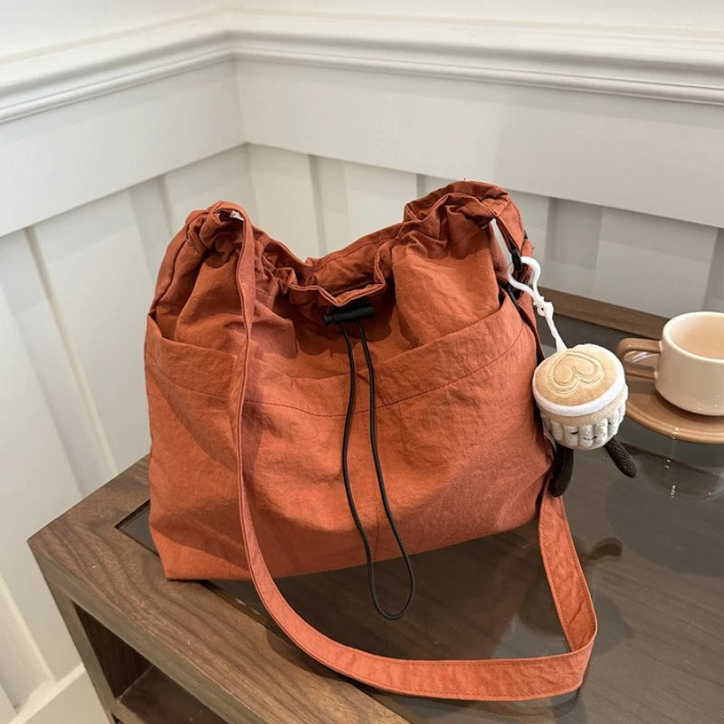 Stylish Drawstring Canvas Shoulder Bag with Adjustable Strap Pendant, Lightweight Casual Bucket Bags for Everyday Crossbody Bag