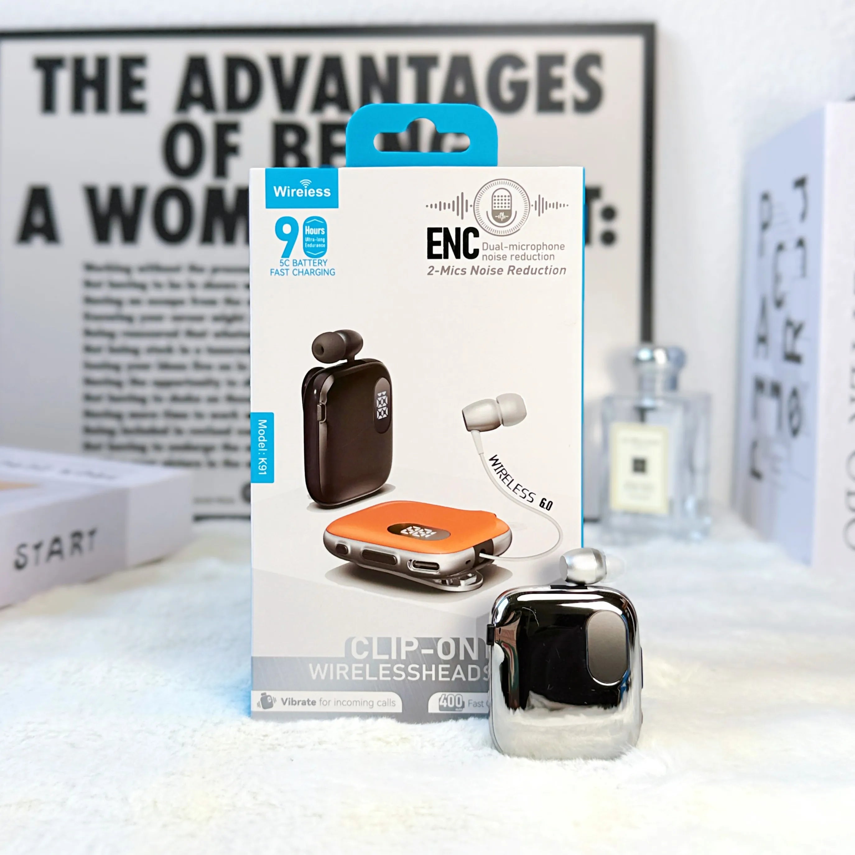 90H Playtime Bluetooth Headset V6 ENC Noise Canceling LED Power Display Retractable Lapel Clip Earphone for Meeting Driving K91