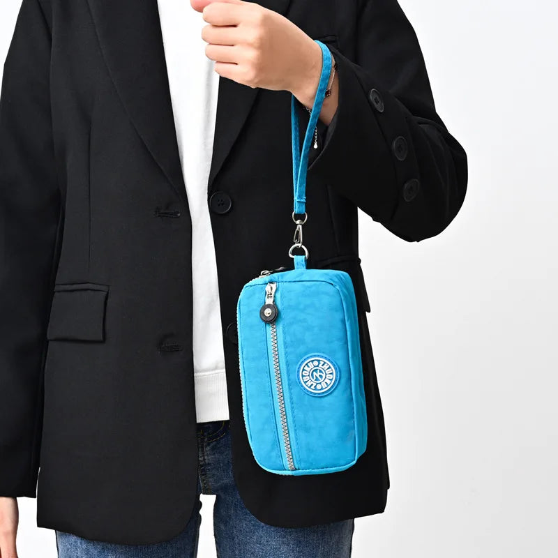 2026 New Clutch Women's Bag Three-Layer Zipper Mini Nylon Cloth Solid Color Mobile Phone Bag Coin Purse