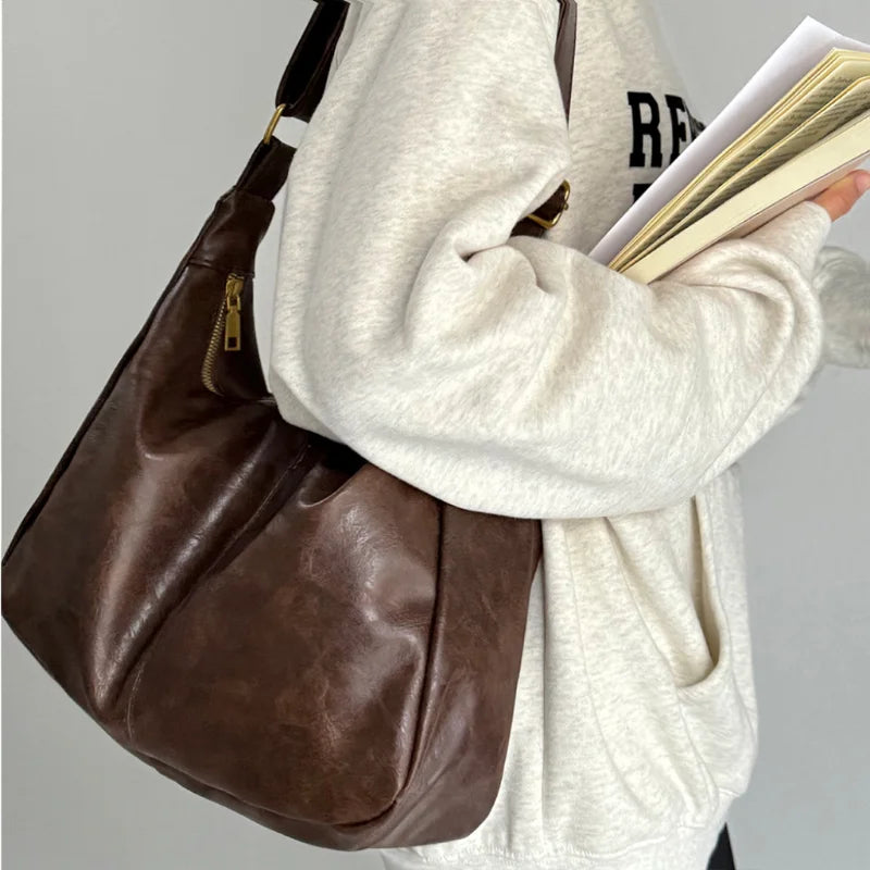 Ultra Soft Pu Leather Commuter Fashion Vintage Casual Tote Bag  Large Capacity Temperament Stylish Crossbody Bags For Women