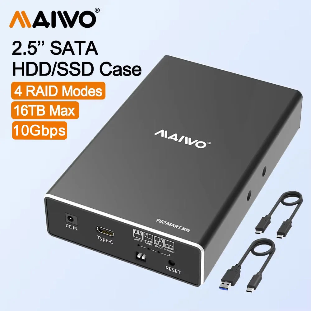 MAIWO Hard Drive Enclosure Dual Bay for 2.5'' SATA SSD/HDD Support 4 RAID Modes Gen2 10Gbps with 16TB Capacity Aluminum HDD Case