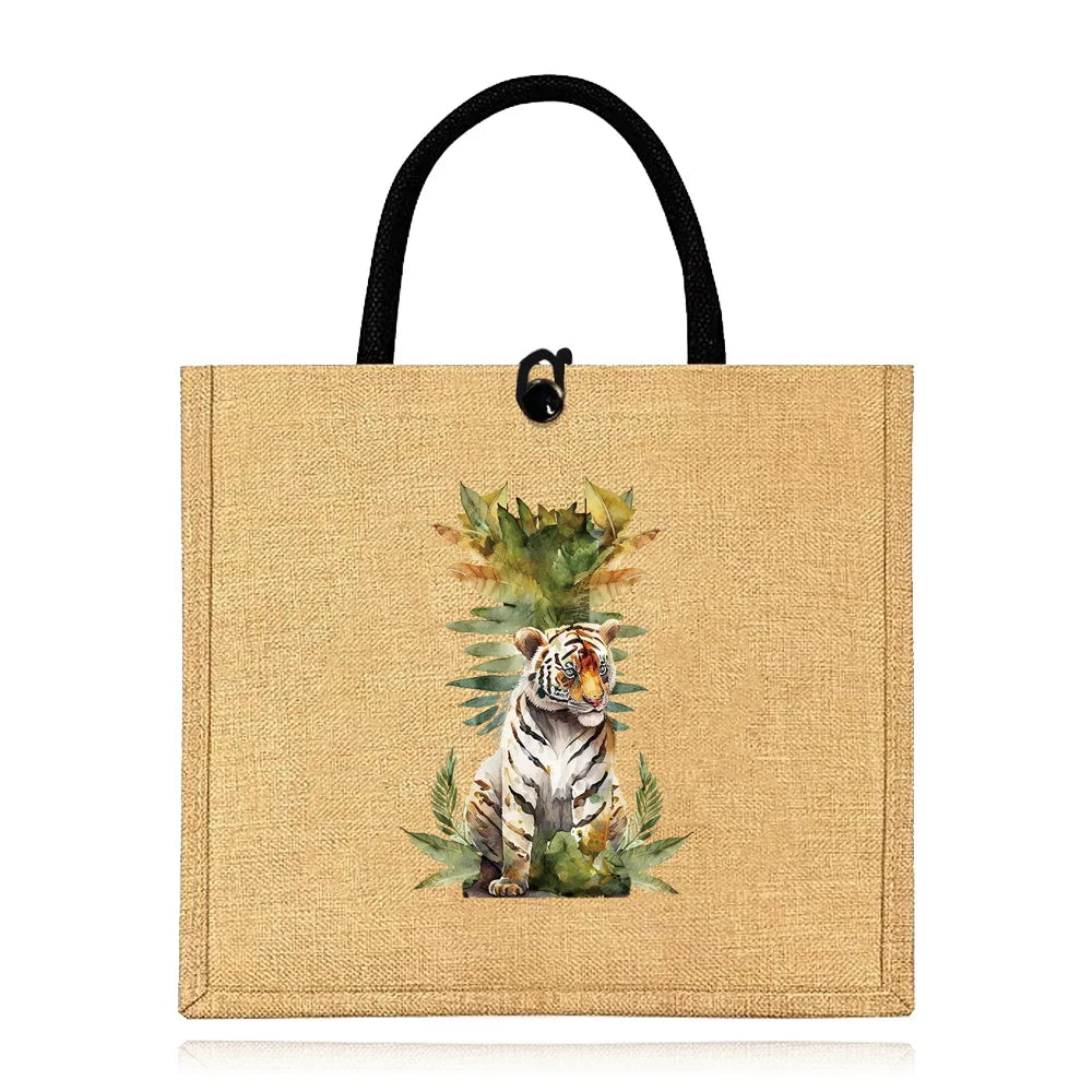 Flax Bag Fastener Handbag Organizer Storage Jute Tote Bags Imitation Cotton Women Valise Portable Jungle Tiger Printing Series