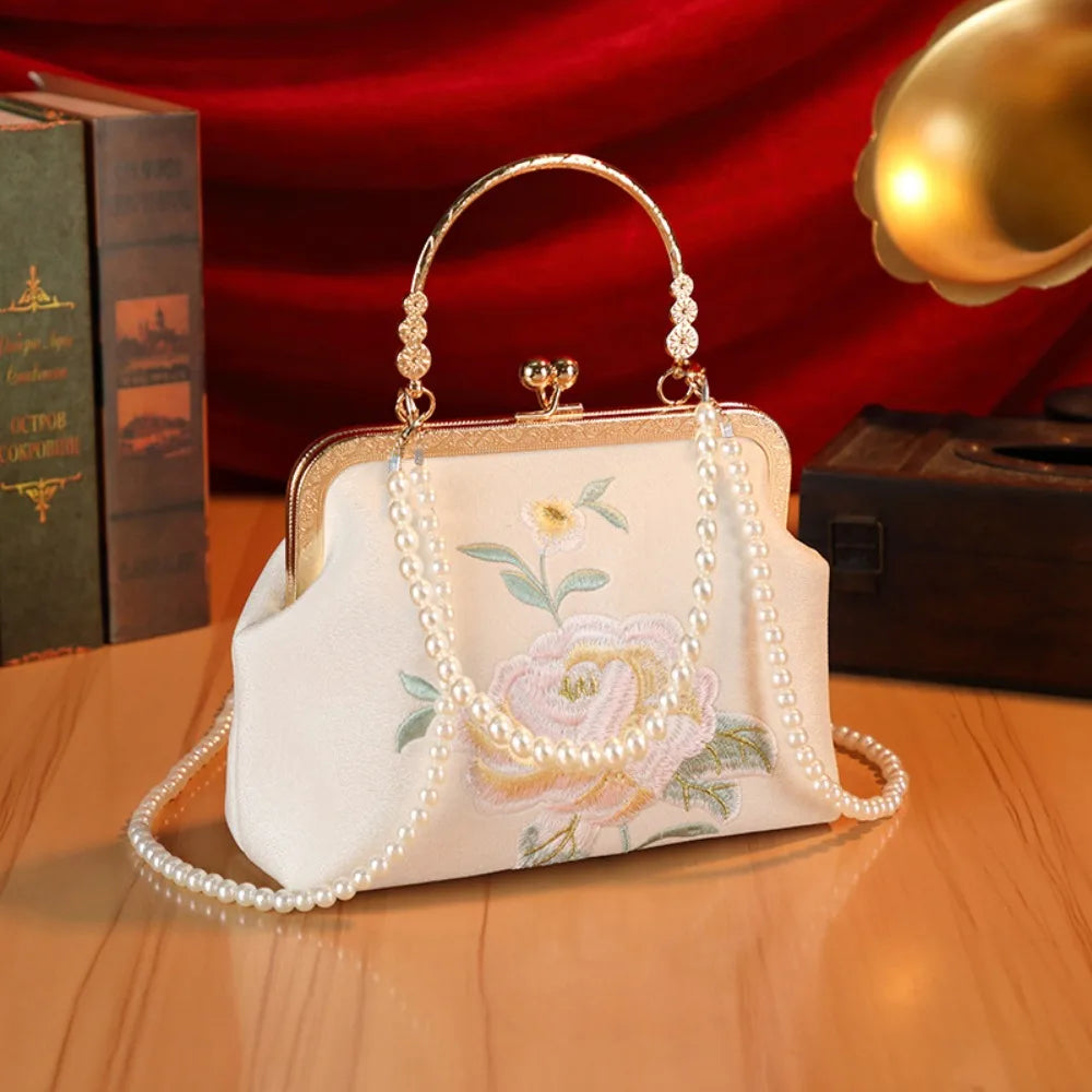 Popular Chinese Style Banquet Bag Embroidery High Capacity Shoulder Bag Pearl Handle Trendy Crossbody Bag Women