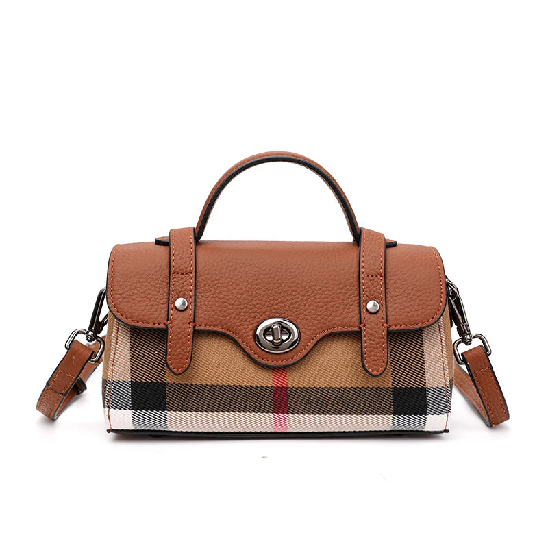 Women's New Style Summer Trendy Casual Versatile Canvas Plaid Small Square Genuine Leather Crossbody Bag