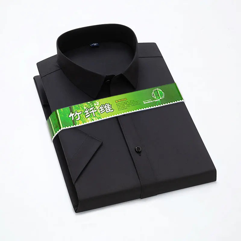 S-6XL Bamboo Fiber Stretch Men Shirt Fashion Casual Business Short-Sleeved Top Anti-Wrinkle No-Iron Solid Color Formal Shirt
