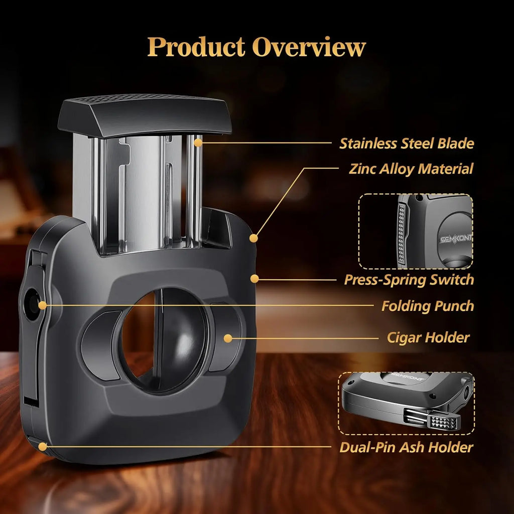 Cigar Cutter,Stainless Steel V/S-Shaped Cutter,Multifunctional Cigar Guillotine with Punch,Cigar Holder and Dual-Pin Ash Holder