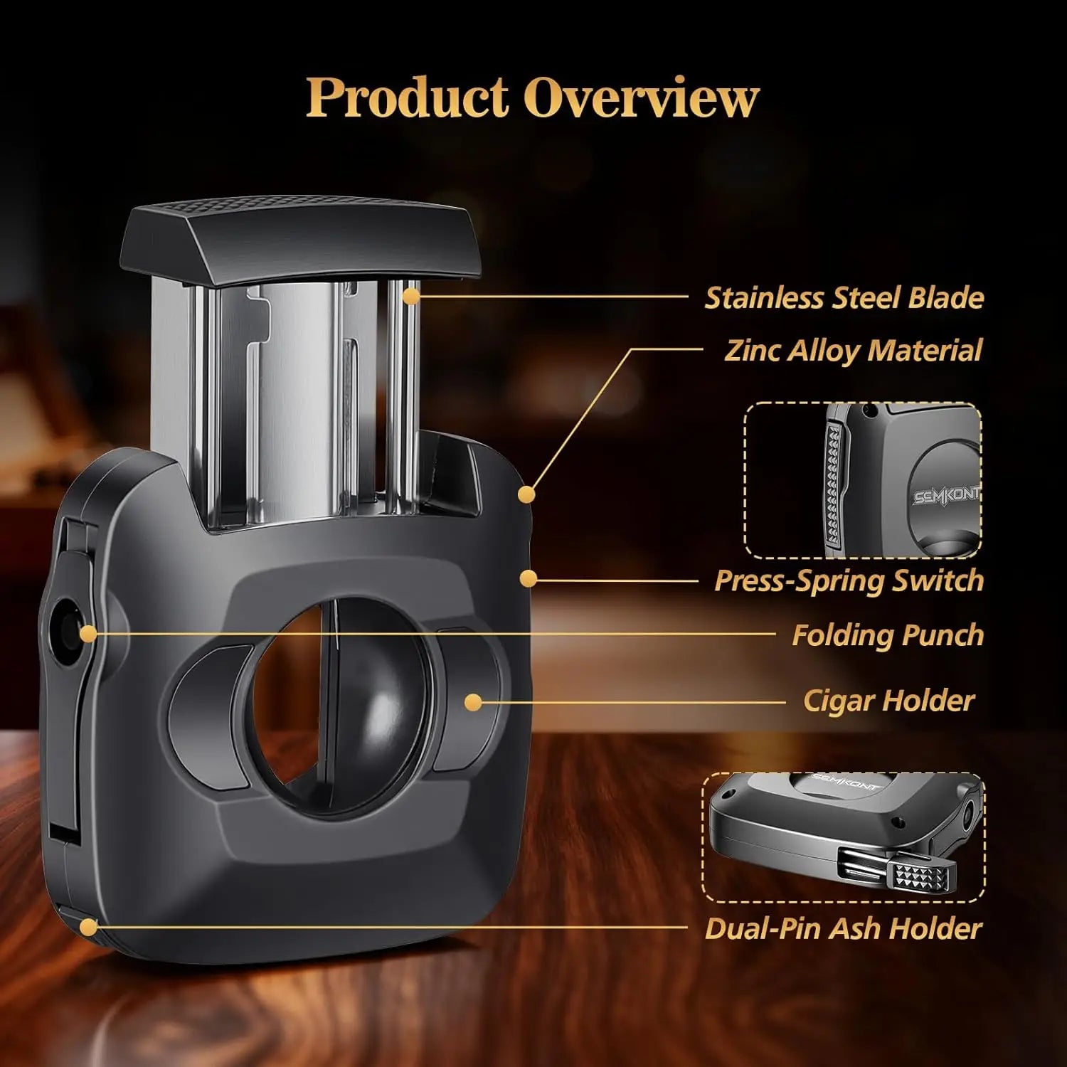 Cigar Cutter,Stainless Steel V/S-Shaped Cutter,Multifunctional Cigar Guillotine with Punch,Cigar Holder and Dual-Pin Ash Holder