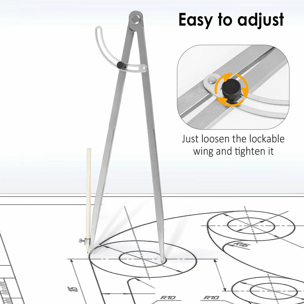 12/16 Inch Woodworking Compass Geometry Tool Metal Drafting Compass with Pencil Holder and Lockable Wing for Drawing Circles