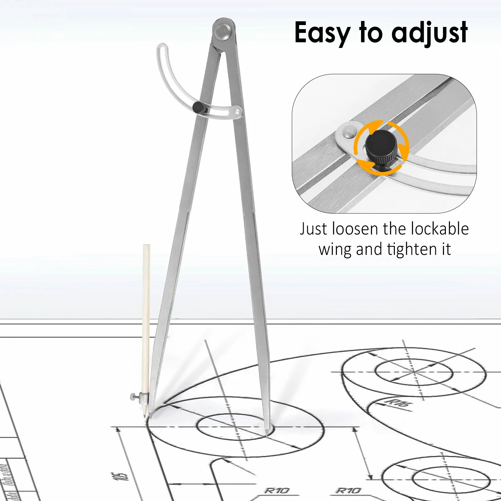 12/16 Inch Woodworking Compass Geometry Tool Metal Drafting Compass with Pencil Holder and Lockable Wing for Drawing Circles