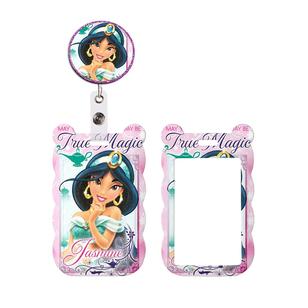 Disney Jasmine Princess Irregular Head Shape Badge Holder Lanyard Keys Chain ID Credit Card Cover Bus Card Holder Glitter Charms