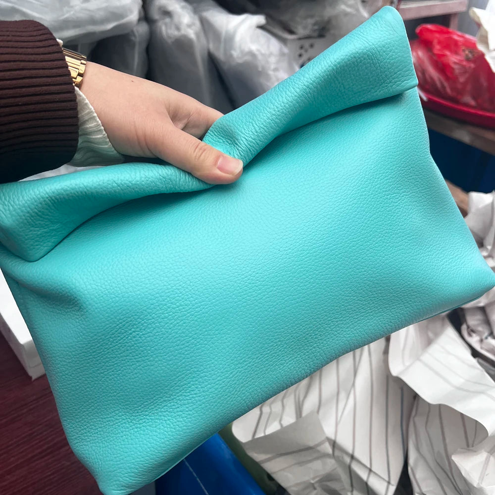 100% Genuine Leather Cowhide Handbag High Quality Leather Women's Foldable Designer Handbag Simple Magnet Handle Bags