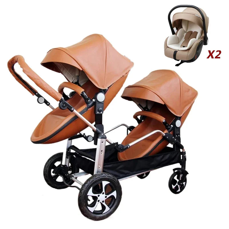NEW Twins baby stroller 2 in 1 foldable two children PU leather waterproof stroller Double baby carriage twin strollers for 2