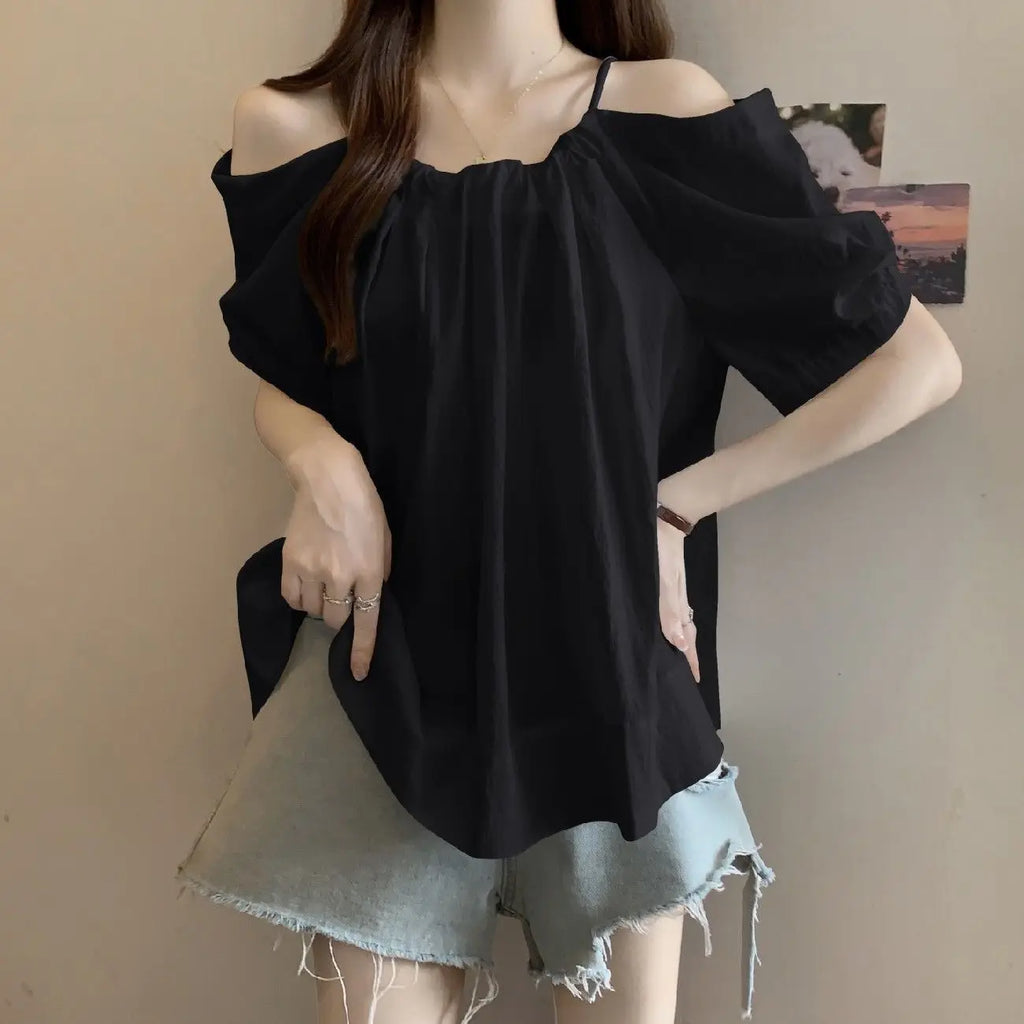 Summer Plus Size Women's New Arrival Solid Color Versatile Loose Slimming Drawstring Tank Top One-Shoulder Short Sleeve Top