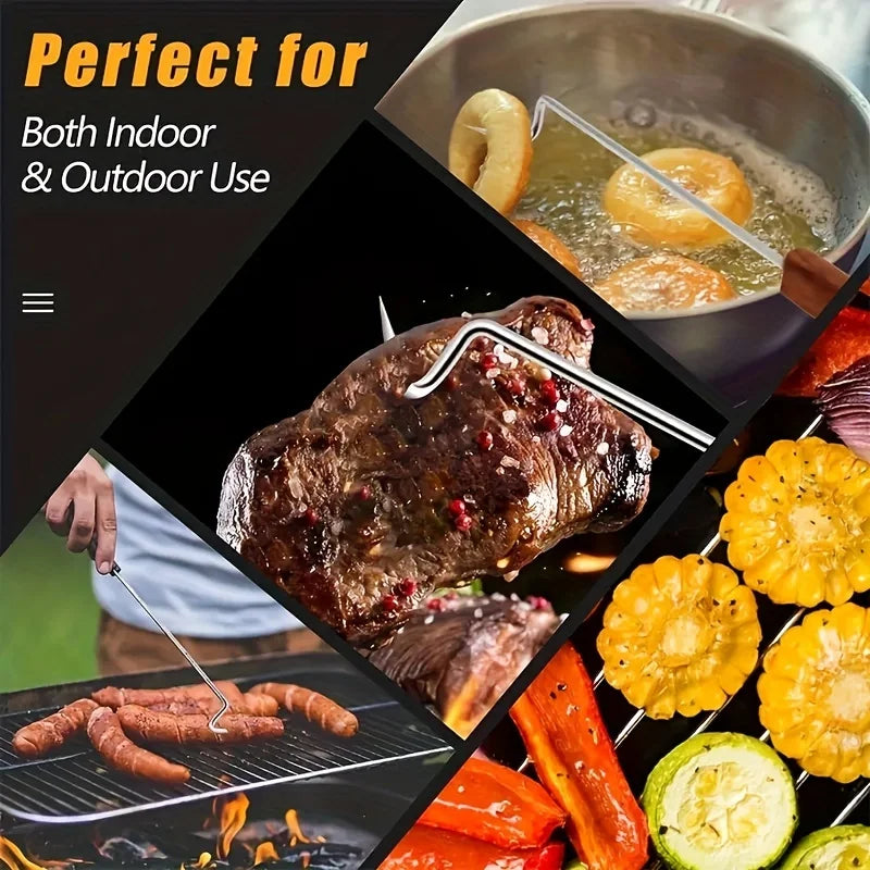 BBQ Meat Flipper Hook Outdoor Camping Food Turner Hook with Wooden Handle Reusable Barbecue Food Flipper Grilling Cooking Tool