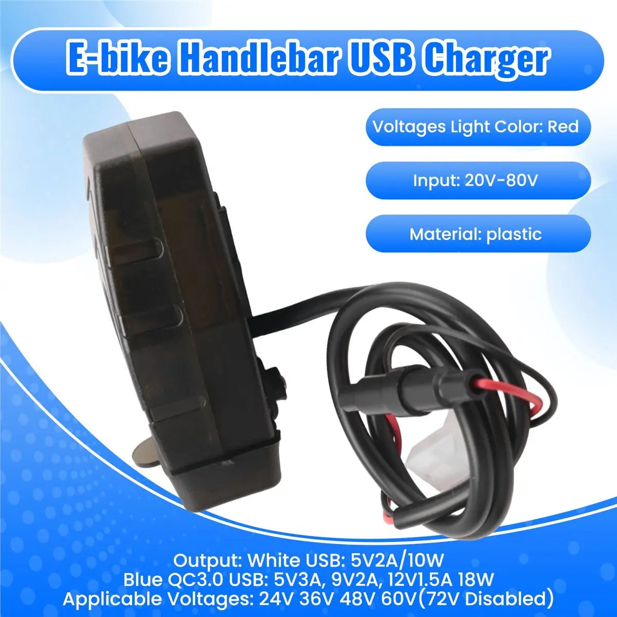 C1FB 20-80V E-Bike Handlebar USB Charger 24V 36V 48V 60V QC3.0 Quick Charger Adapter(Red Light)