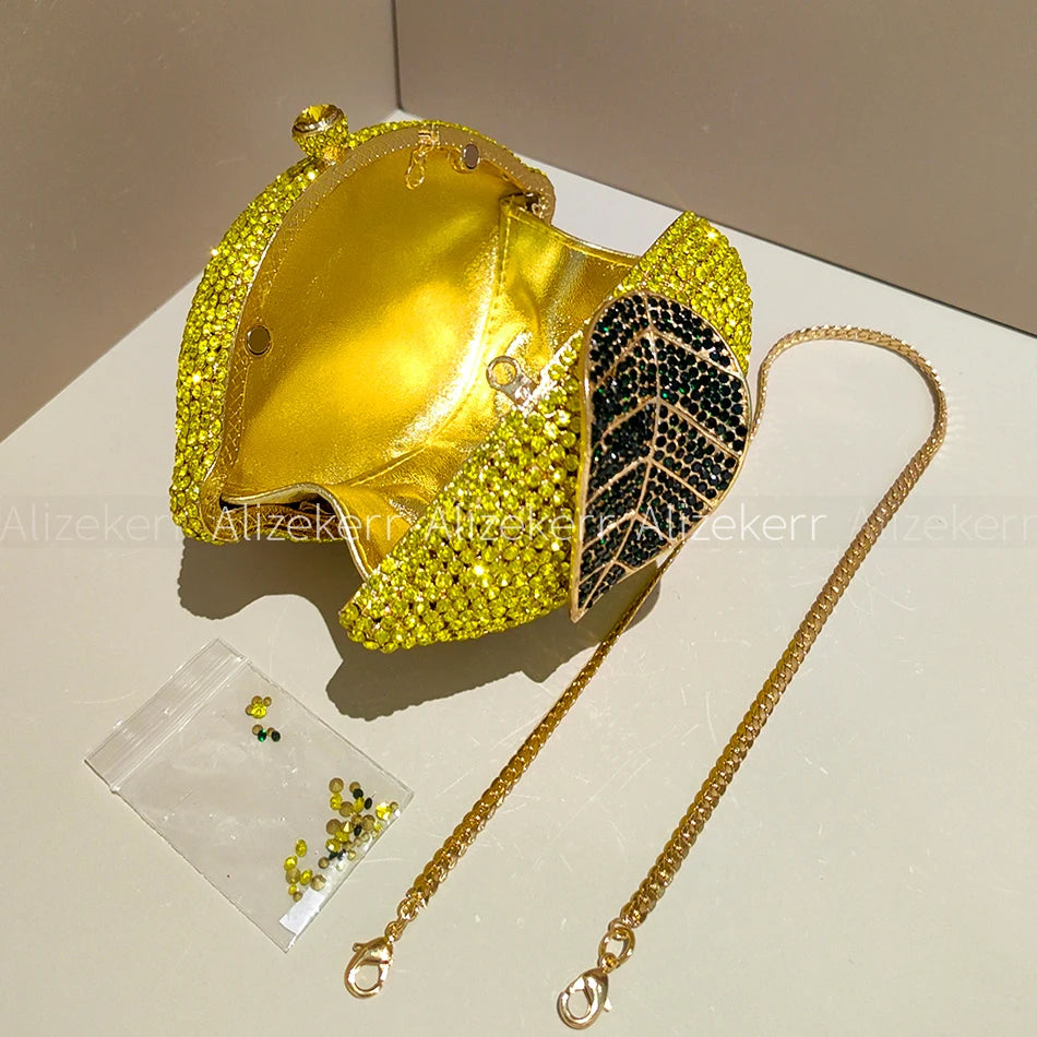 Alizekerr Lemon Shaped Diamond Evening Bags Women Gorgeous Unique Bling Rhinestone Metallic Purses And Handbags Wedding Party