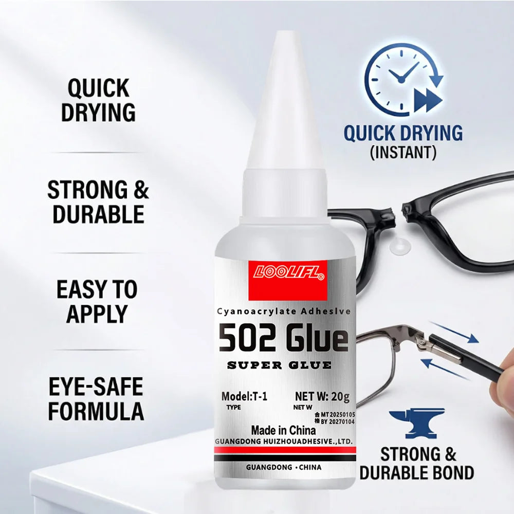 Loolifl 502 Strong Instant Adhesive, Cyanoacrylate Adhesive, Transparent and Traceless, Fast and Firm Bonding, Precise Application with a Fine Nozzle; Suitable for Plastic, Metal, Wood, Rubber, Shoe Repair, Universal All-Purp