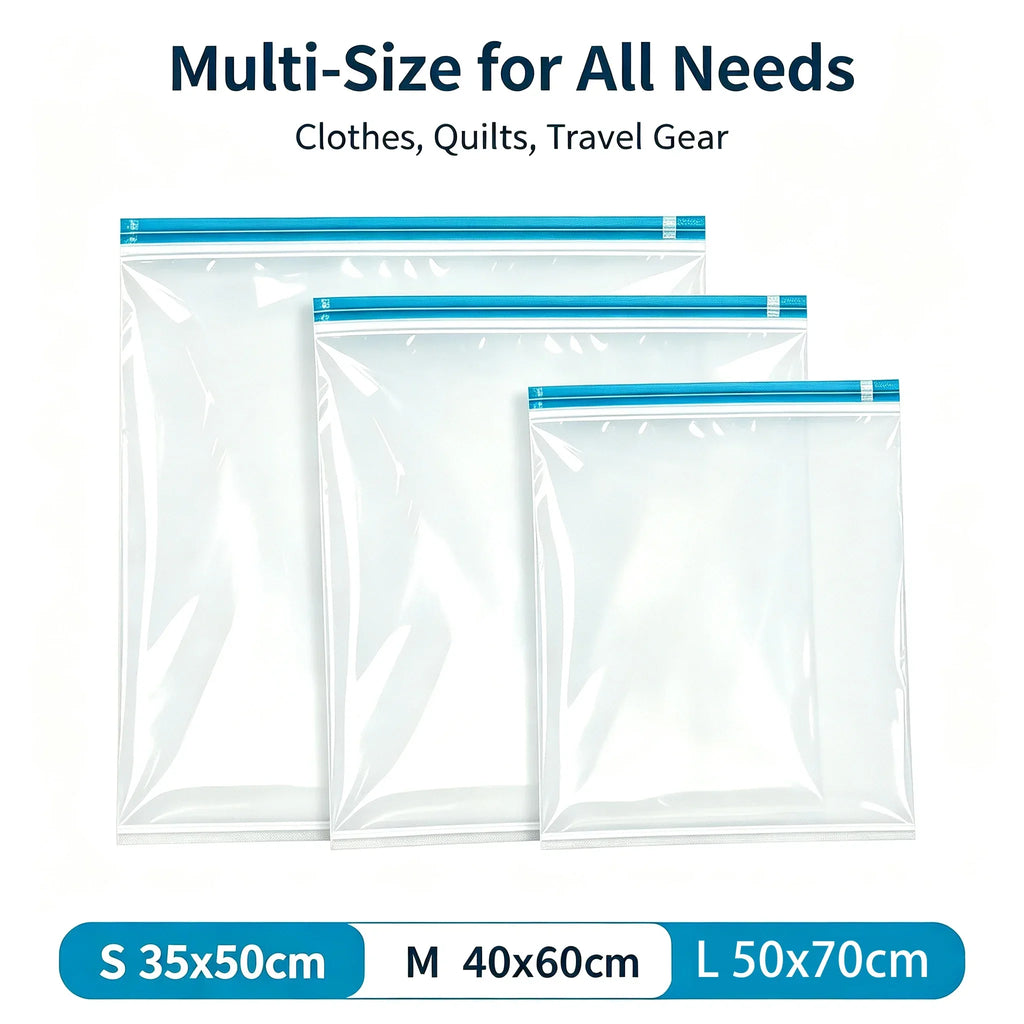 Vacuum Compression Storage Bags Travel Space Saver Hand Roll No Pump Reusable, Waterproof Double Zipper Clothes Organizer 3Sizes