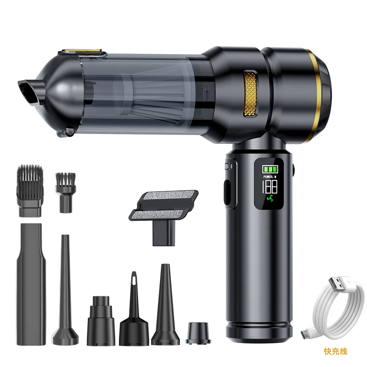 Strong Suction Car Vacuum Cleaner Brushless Motor Digital Display One-Click Detachable Dust Cup Portable Auto Household Duster