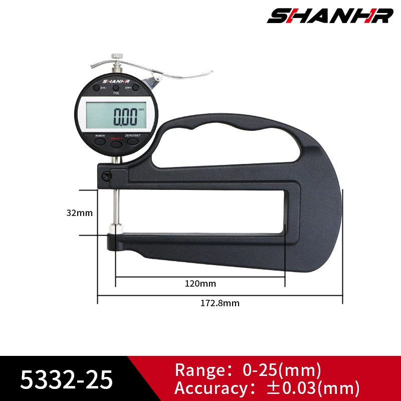 SHANHR Digital Thickness Gauge 0-10/0-25 mm, 0.01 mm Precision Measuring Tool for Leather and Glass