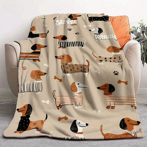 1 Dachshund Print Flannel Blanket - Brown, Black, and White Comfortable Dog Pattern for Home or Travel, Suitable for All Seasons