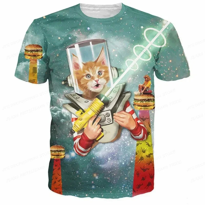 3D Printed Funny Cat T Shirt for Men Animal Food Pattern Tees Summer Street Oversize Short Sleeve Tops Loose Round Neck T-Shirts