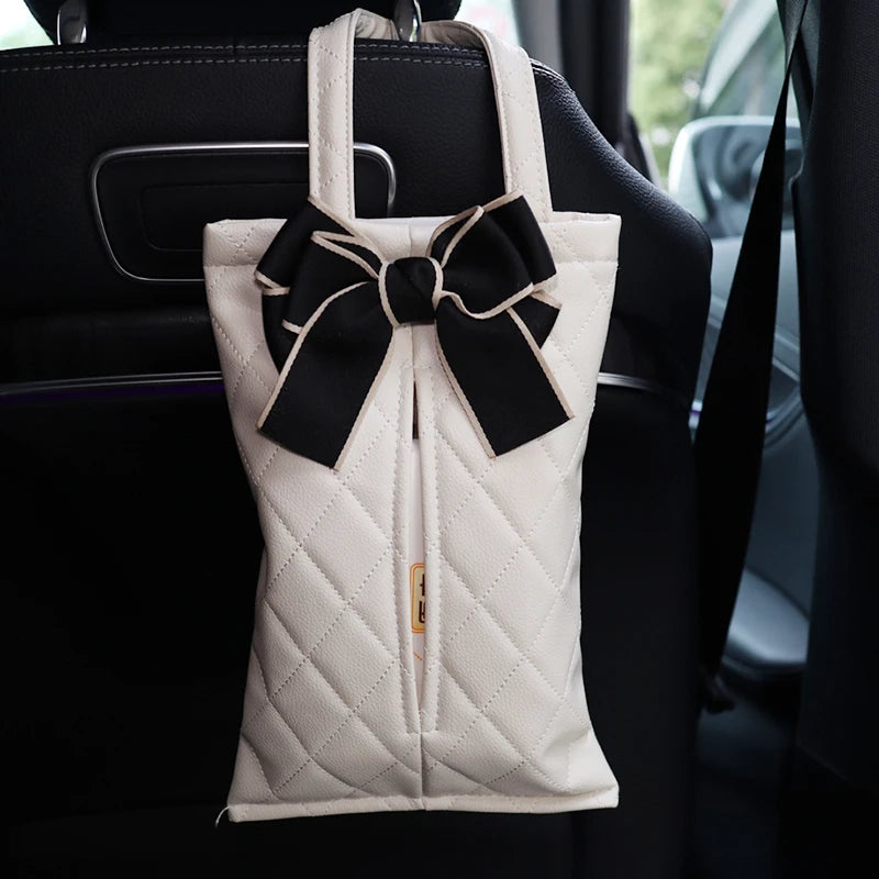 Fashion Bowknot Leather Car Tissue Boxes Cute Auto Seat Back Tissue Bag Organizer Car Decoration Auto Interior Storage Bag