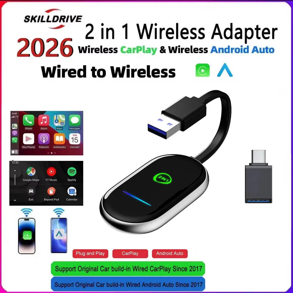 Skilldrive 2026 2 in 1 CarPlay Wireless Android Auto Adapter AI Smart Box Intelligent System USB for Wired CarPlay Car