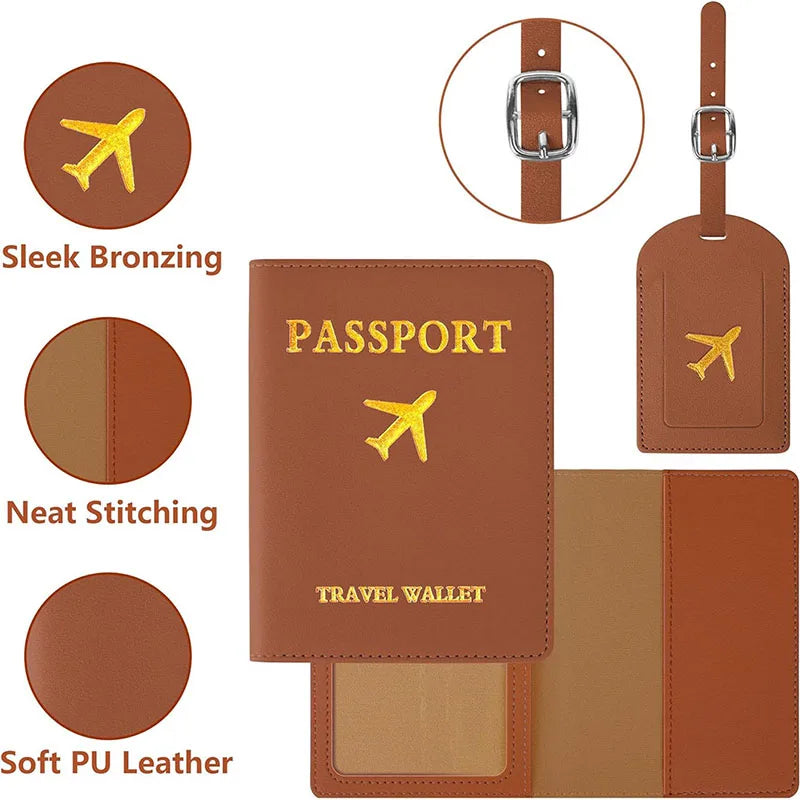 2Pcs/Set PU Travel Passport Cover Luggage Tag Suitcase Identifier Label Baggage Boarding Bag Tag Name ID Address Passport Holder