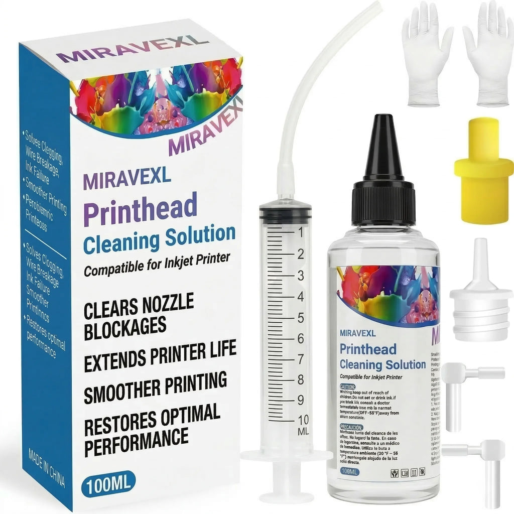 MIRAVEXL 100ml Printhead Cleaning Kit Liquid Solution for HP Epson Canon Brother Inkjet Printer Head Unclog Cleaner Repair Tool