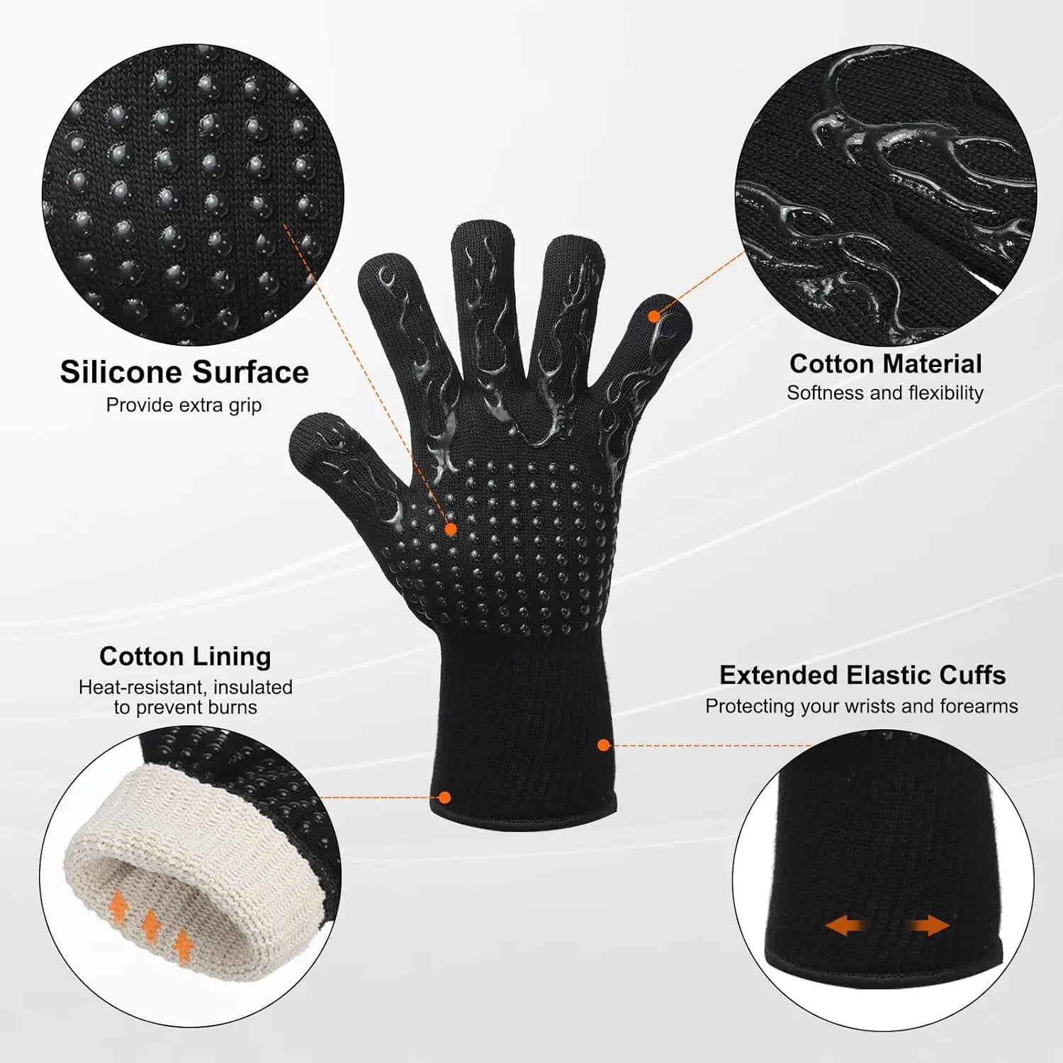 BBQ Gloves 1472℉ Heat Resistant Oven Gloves Silicone Non-Slip Kitchen Oven Mitts for Smoker, Barbecue, Baking, Cooking, Grilling