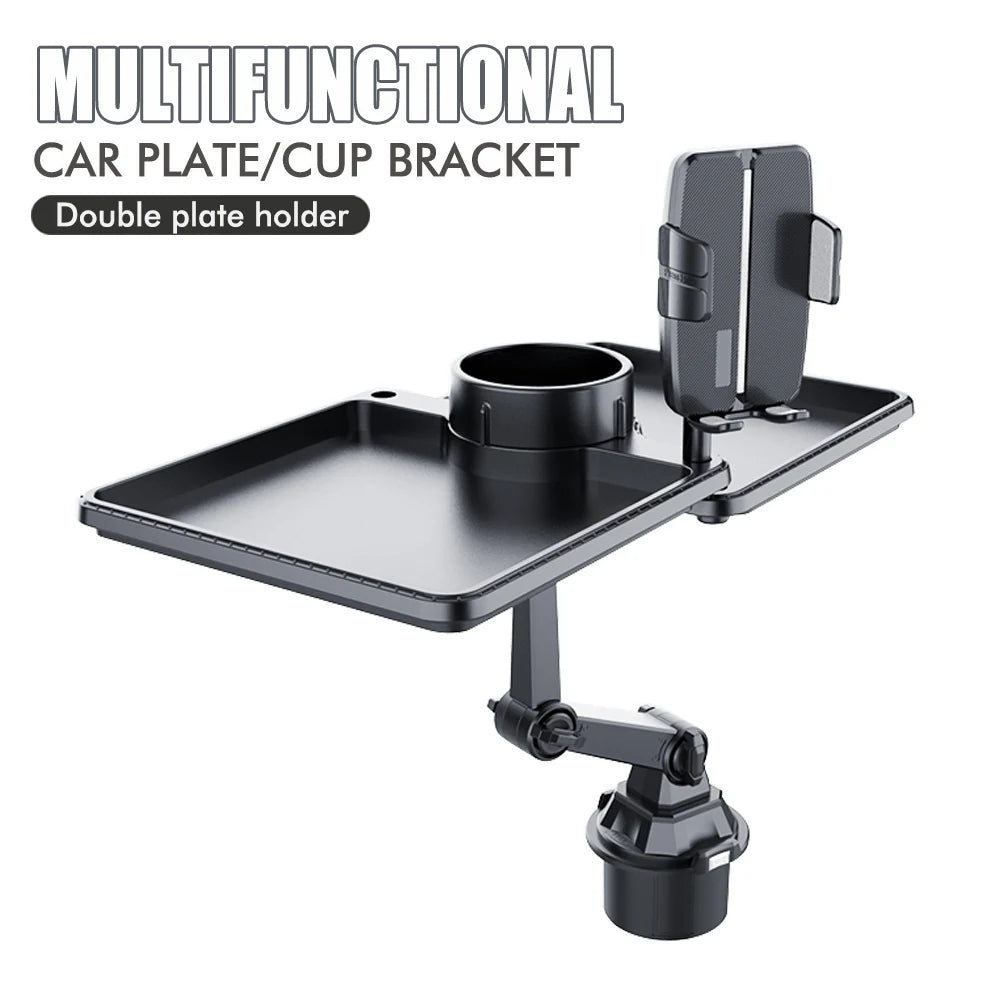 Car Dual Cup Holder Expander With Tray Phone Holder 360 Adjustable Table Slot Food Organized Tray Portable Drink Stand