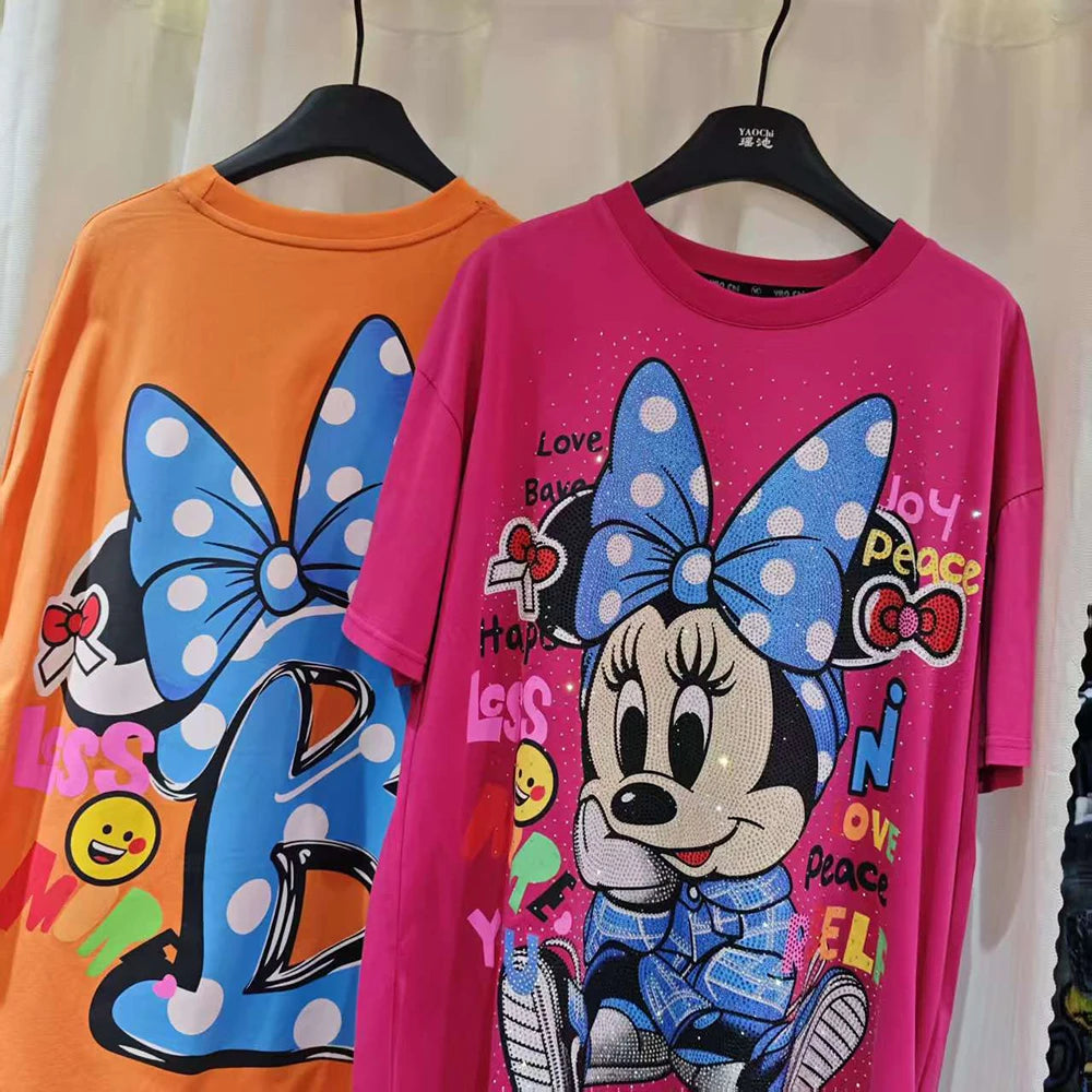 Plus Size Tee Summer Spring New Fashion Design Women Beading Luxury Cartoon Animal Print  Loose Top T-Shirt