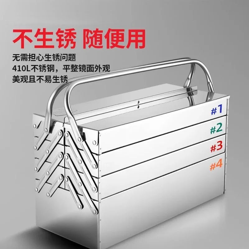 4-Layer Stainless Steel Tool Box Rust-Resistant Portable Retractable Foldable Organizer Home Hardware Cantilever Tool Storage