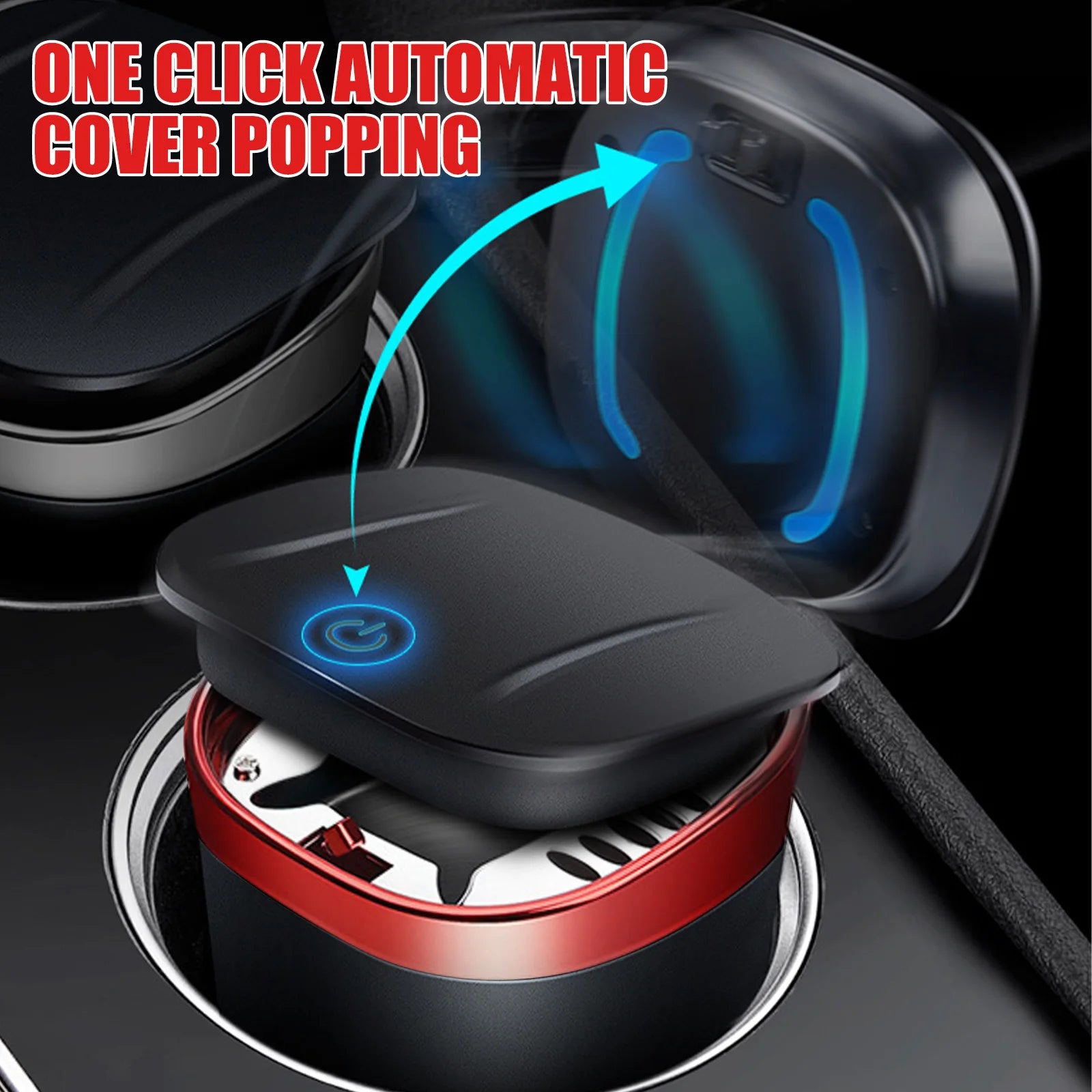 Car Ashtray Cup with Lid Anti-Odor Stainless Steel LED Light One-Click Open Car Ashtray Portable Removable Fireproof