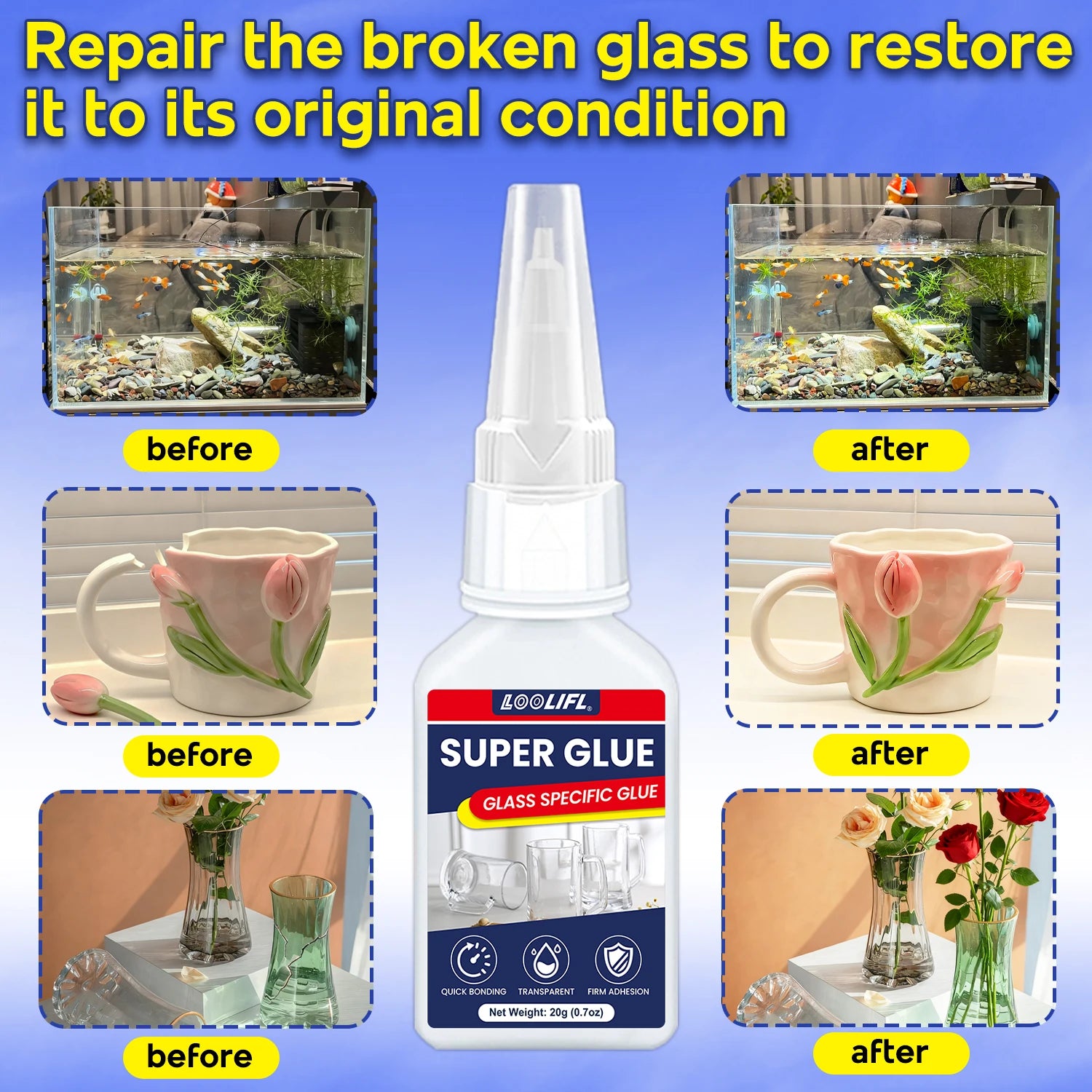 Super Glue for Glass Crystal Clear Cyanoacrylate Adhesive Fast Drying Strong Bond Waterproof for Glass Ceramic Metal Repair 20g