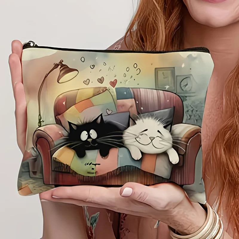 Multi Style Cat Printed Canvas Bag With Zipper Hand-Held Coin Purse Cosmetics Storage Fade-Resistant Cosmetic Bag Gift Friends