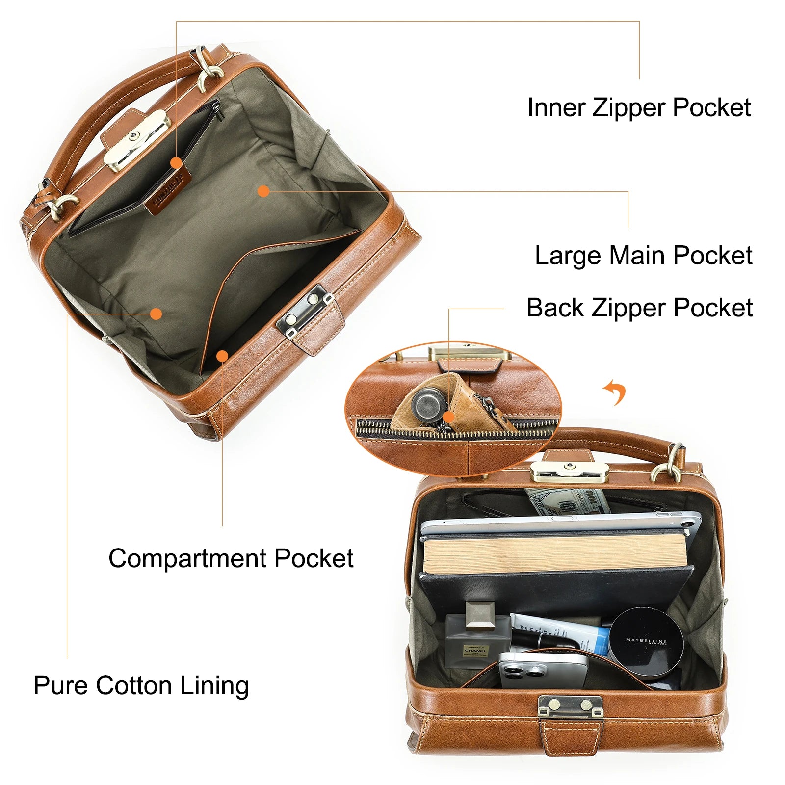 CONTACT'S Genuine Leather Doctor Bags for Women Luxury Designer Sling Shoulder Bags Tote Handbags Metal Frame Female Handle Bags