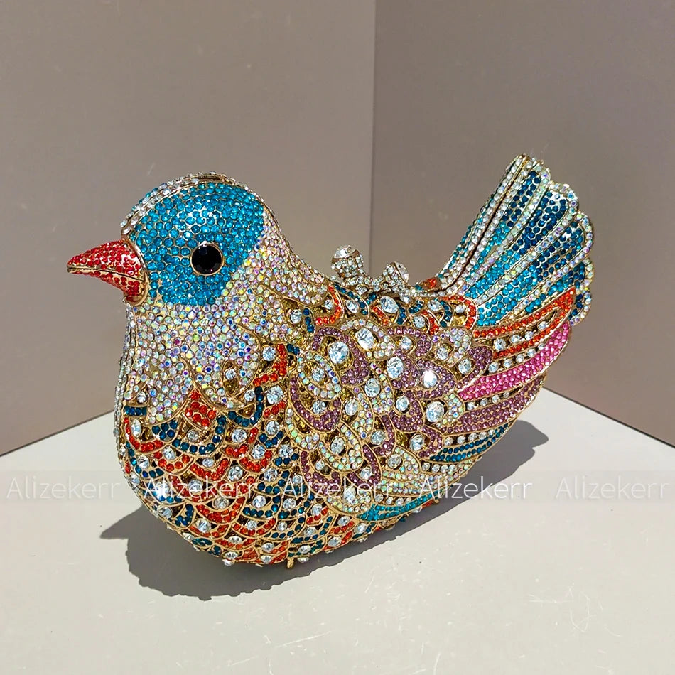 Alizekerr Pigeon Shaped Crystal Evening Bags Women Gorgeous Rhinestone Metallic Bird Clutch Purses Ladies Unique Handbags Party