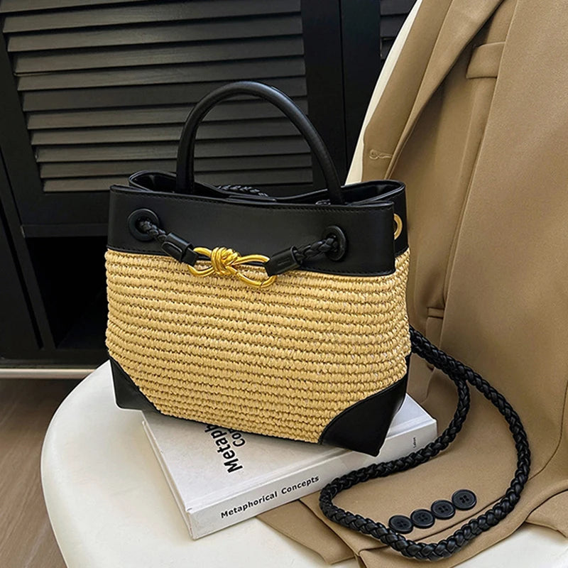 Women Contrasting Color Woven Handbag PU Splicing Gold Belt Bucket Cross body Bag French Elegant Vacation Style Travel Bags
