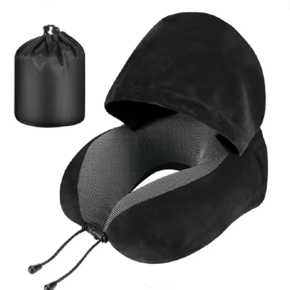 Removable Travel Neck Pillow Adjustable Washable Cover Hooded Pillow Comfortable with Storage Bag U-shaped Pillow with Cap