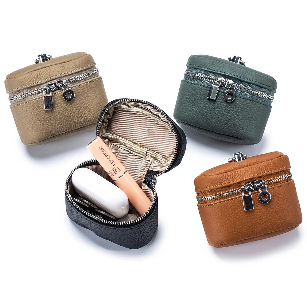 Top-Grain Leather Mini Coin Purse Ins Style - Portable Neck-Hanging Lipstick Makeup Bag & Real Leather Earphone Pouch for Wome