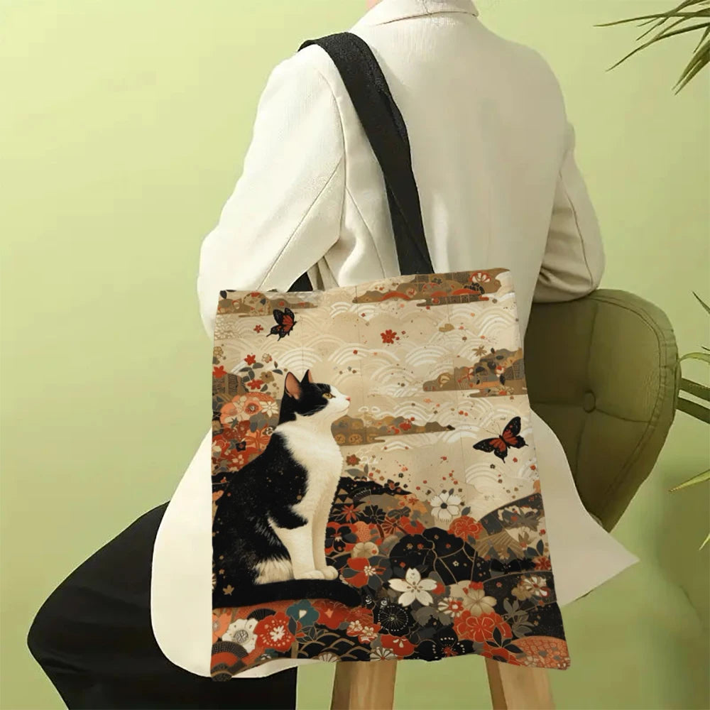 Classic Black And White Cat Tote Bag With Cat Print, Reusable Shoulder Shopping Beach Bag For Women, Durable Casual Carryall