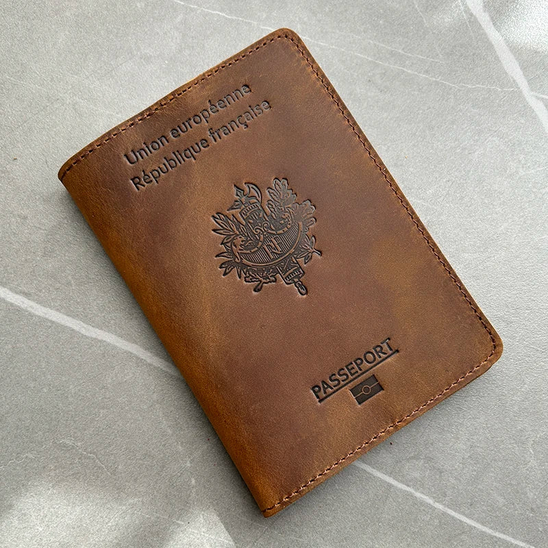 Francais Passport Cover Genuine Leather with Original French Logo | 100% Real Leather Travel Document Holder for Men Women Gift