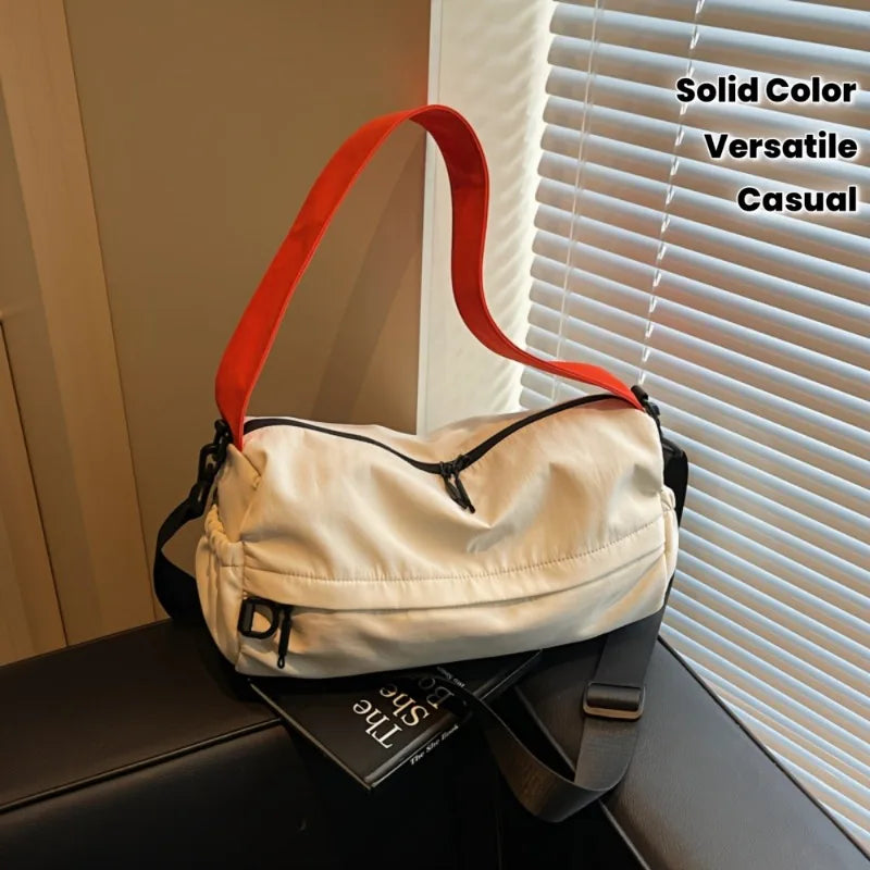 1pcs Beige Color Block Fabric Crossbody Bag Adjustable Wide Strap Light  Resistant Sports Bag Short Trip Storage Handbag