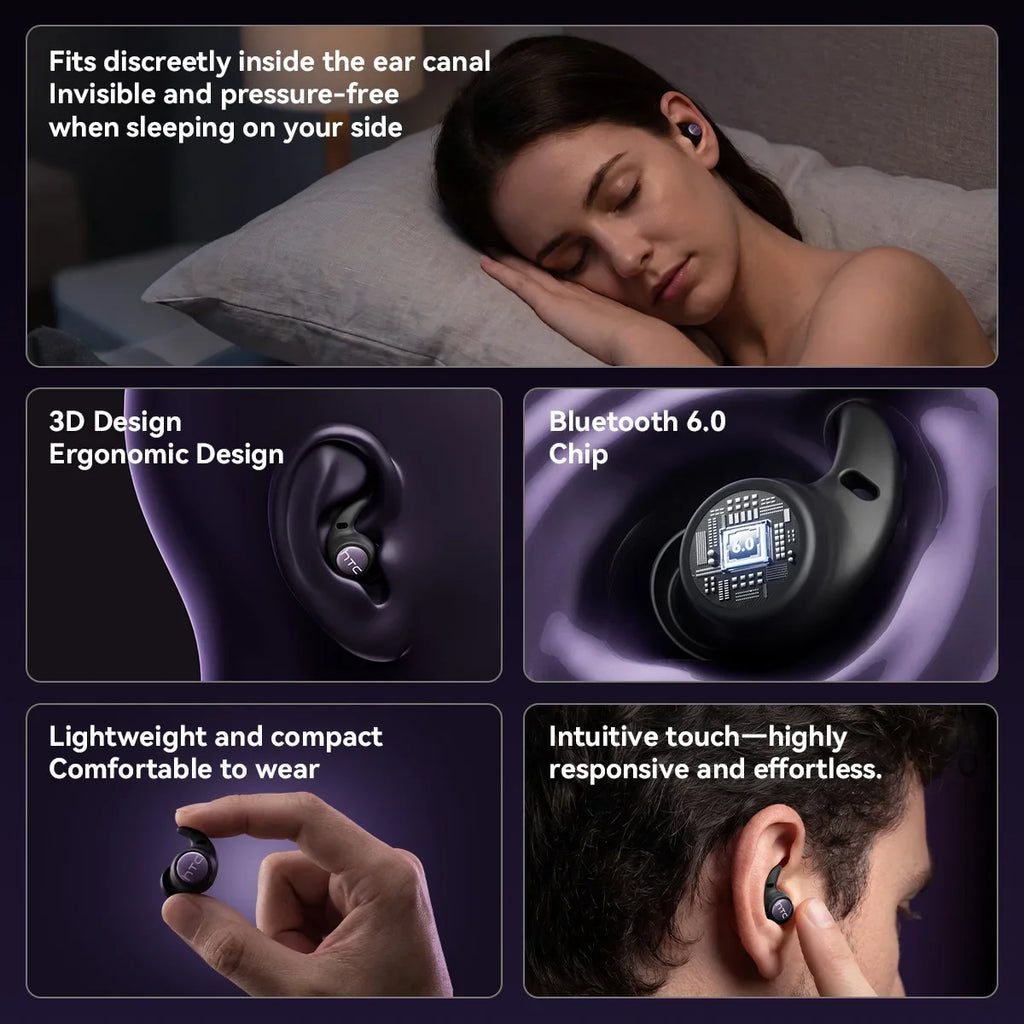 HTC NE76 Bluetooth Earbuds Mini Sleeping Earbuds for Wireless Earphones AI Translator, Noise Reduction Long Battery Headphones